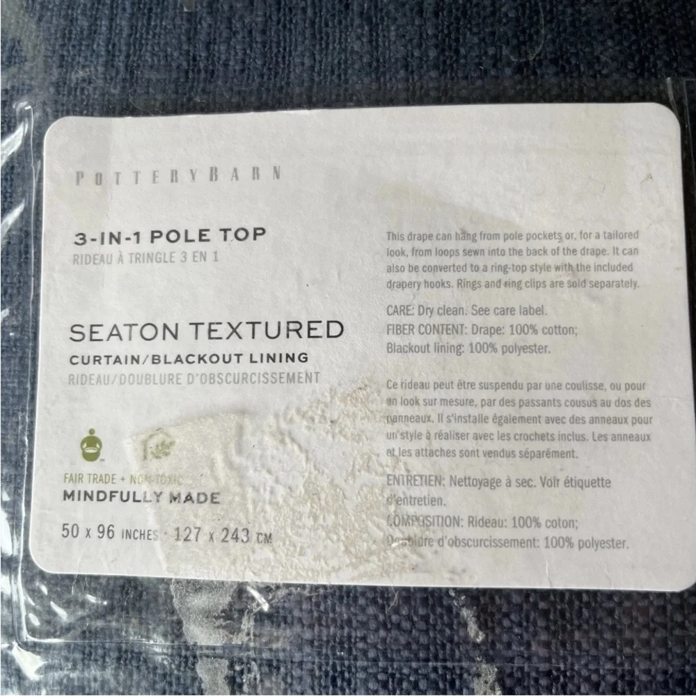 Pottery Barn Seaton Drape Single Panel 50” x 96” Color Denim Textured New Open